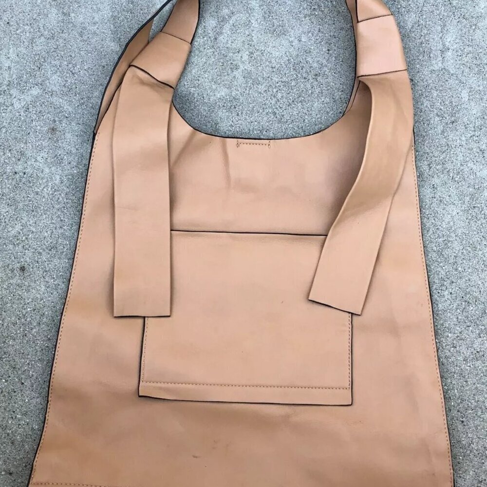 ZARA Flat Shopper Bag Outer Pocket Purse Tote Women Vegan Leather Shoulder Beige